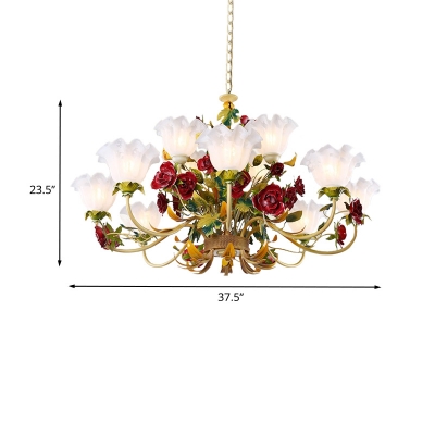 Curved Arm Dining Room Chandelier Traditional Metal 3/12 Heads Green Ceiling Hang Fixture with Rose Decoration