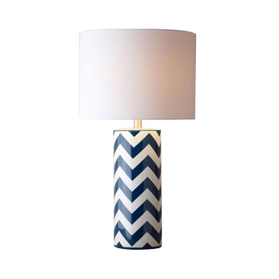 Cylinder Desk Light Modernism Fabric 1 Bulb Nightstand Lamp in White with Ceramic Base