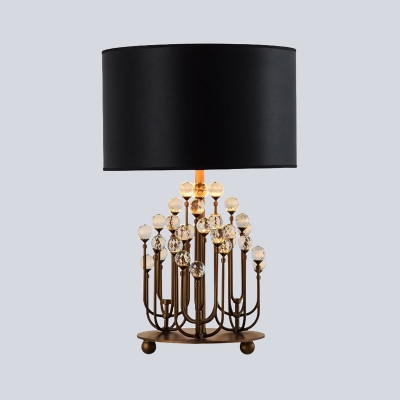 Cylindrical Fabric Table Lamp Modernist 1 Bulb Black Desk Light with Crystal Ball