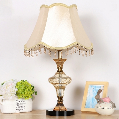 Fabric Bell Desk Light Modernist 1 Bulb Beige Night Table Lamp with Crystal Bead