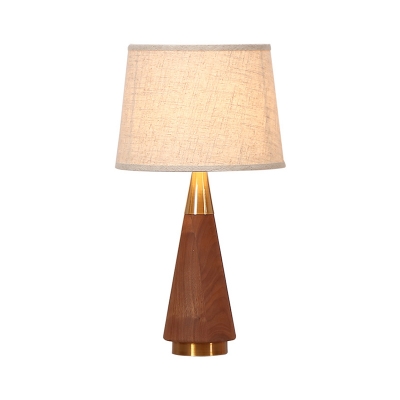 Fabric Conical Desk Light Modernism 1 Bulb Night Table Lamp in Brown with Wood Base