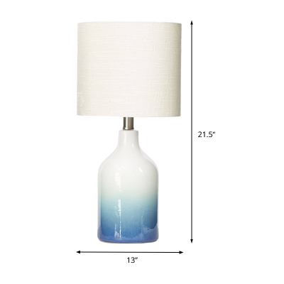 Fabric Cylinder Desk Light Modern 1 Bulb White Task Lamp with Blue Urn Ceramic Base