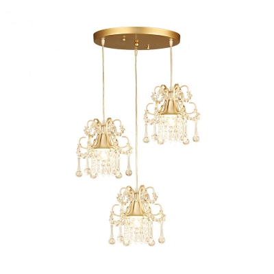 Flared Semi Flush Mount Light Transitional Metallic 3 Heads Golden Cluster Pendant with Crystal Droplets for Dining Room