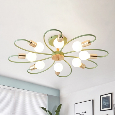 Flower Shape Bedroom Semi Flushmount Metal 8-Light Contemporary Flush Ceiling Lamp in Green