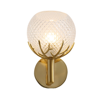 Global Wall Sconce Lighting Modernism Clear Latticed Glass 1 Bulb Bedside Wall-Mount Lamp in Gold with Antler Design