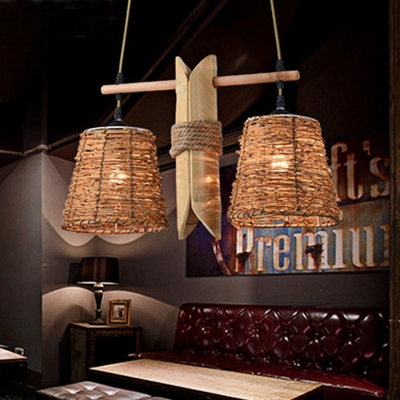 Industrial Barrel Pendant Chandelier 2 Bulbs Rope Hanging Ceiling Light in Beige with Hand Woven Design