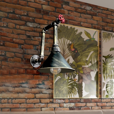 Iron Pipe and Valve Wall Sconce Vintage 1-Head Restaurant Wall Light Fixture in Black/Bronze with Cone Shade