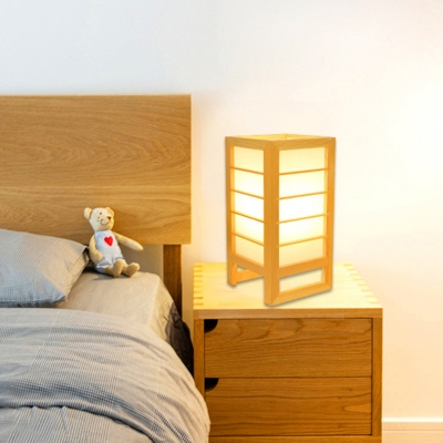 Japanese 1 Bulb Nightstand Lamp Beige Rectangle Reading Book Light with Wood Shade