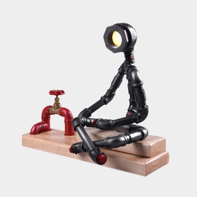 LED Cross Legged Thinker Table Light Vintage Black Iron Plug In Desk Lamp with Red Valve Deco and Rectangle Wood Base