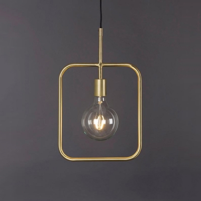 Metal Square Frame Pendant Light Fixture Contemporary 1 Exposed Bulb Gold Hanging Lamp
