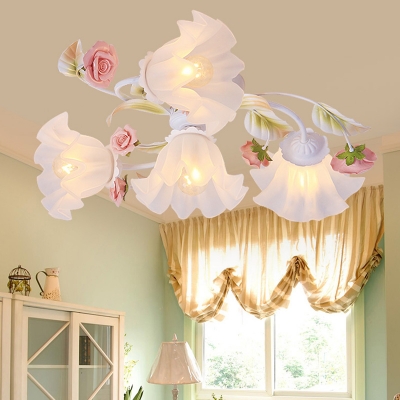 Metal White Ceiling Lighting Scalloped 4/6/7 Bulbs Korean Flower Semi Flush Mount Light for Living Room