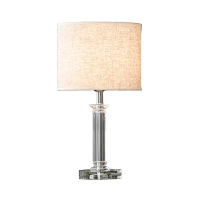 Modern Cylindrical Desk Light Fabric 1 Bulb Night Table Lamp in White with Crystal Base