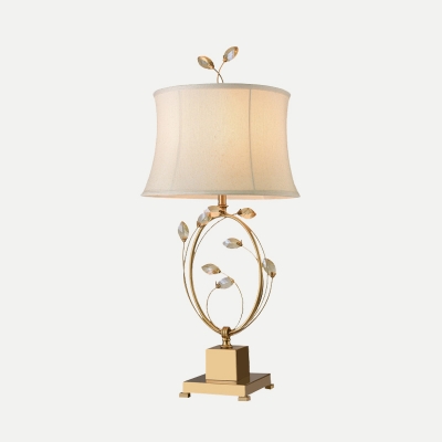 Modern Flared Desk Light Fabric 1 Bulb Night Table Lamp in Gold with Crystal Leaf
