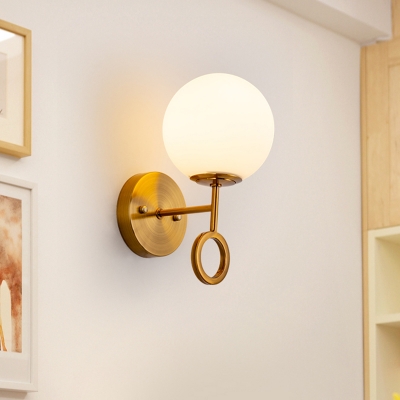 Modernism Ball Wall Sconce Cream Glass 1-Light Bedside Wall Mount Lamp Fixture in Brass