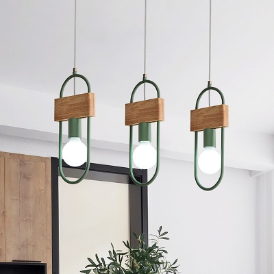 Oval Ring Metal Suspension Light Minimalist 1-Bulb Green/Grey Finish Ceiling Hang Fixture with Rectangle Wood Deco