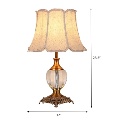 Pagoda Desk Lamp Modern Fabric 1 Bulb Beige Table Light with Brass Carved Metal Base