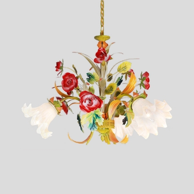 Pastoral Scalloped Chandelier Pendant Light 3/6/8 Heads Metal Suspension Lighting in Yellow with Flower Decoration