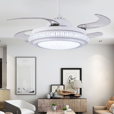 Round Metallic Semi Flush Lamp Modernist Dining Room LED 4-Blade Ceiling Fan Light in White with Wall/Remote Control, 36