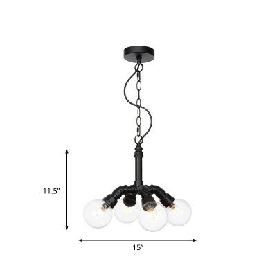 Vintage Piping Hanging Light 2/3/4 Bulbs Metal LED Chandelier Lamp in Black with Ball Clear Glass Shade