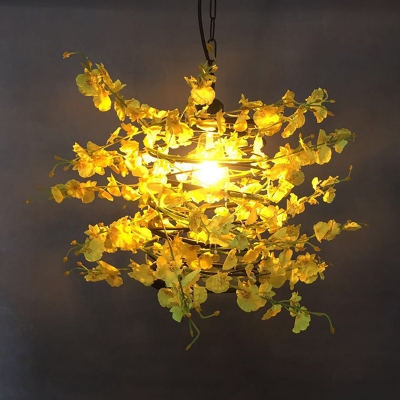Vintage Plant Suspension Lamp 1 Head Metal Pendant Light in Yellow and Green for Restaurant
