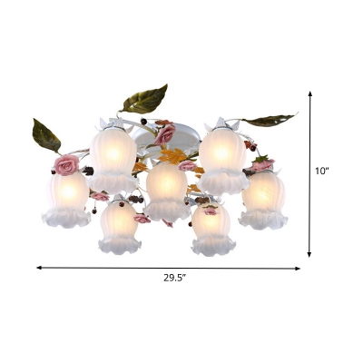 White 7/9 Lights Semi Flush Mount Country Frosted Glass Blossom Ceiling Mounted Light for Living Room