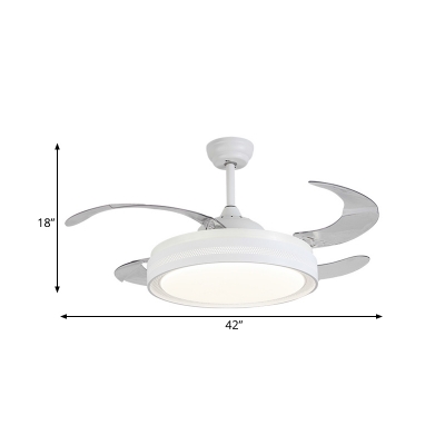 White Drum Hanging Fan Lighting Modern Acrylic 4-Blade LED Semi Flush Mount Lamp with Wall/Remote Control, 42