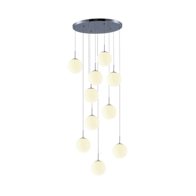 White Glass Orb Cluster Pendant Modernist 10 Bulbs Ceiling Suspension Lamp for Stair