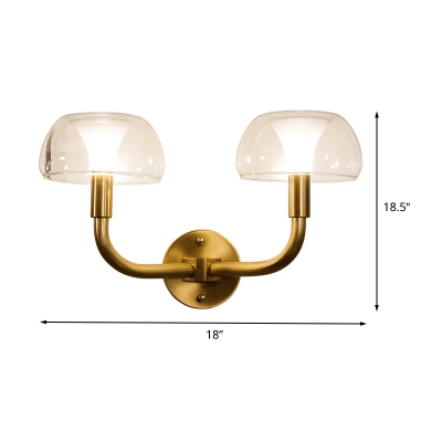 1/2 Bulbs Dome Wall Sconce Traditional Brass Metal Wall Light with Clear Glass Shade for Bedroom
