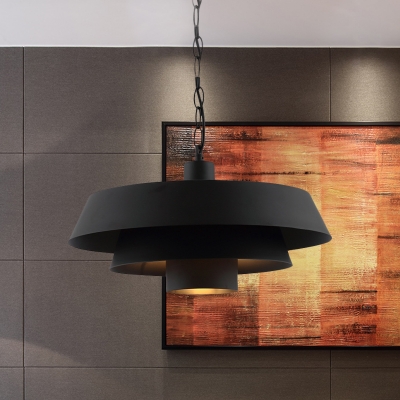 1 Bulb 2-Tier Pan Hanging Lighting Industrial Black Finish Metallic Ceiling Pendant Lamp