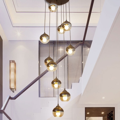 10 Heads Living Room Drop Lamp Minimalism Black Multi Light Pendant with Sphere Amber Glass Shade