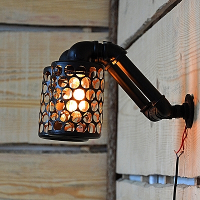 2-Head Metallic Wall Mount Pipe Light Industrial Black Cylinder Coffee House Sconce with Hollow Out Design