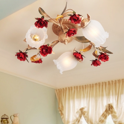 3/6 Lights Ceiling Mount Light Fixture Countryside Bloom Metal Semi Flush in Coffee for Living Room