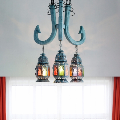 3 Lights Lantern Chandelier Lamp Arabic Blue Metal Pendant Ceiling Light for Restaurant