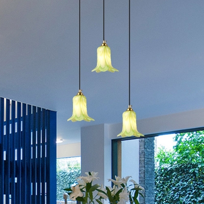 3 Lights Lily Cluster Pendant Pastoral White/Green/Purple Metal LED Hanging Light for Living Room