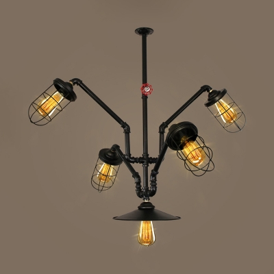 5 Bulbs Wire Cage Suspension Light Antiqued Black Iron Chandelier Lamp Fixture with Abstract Pipe Design