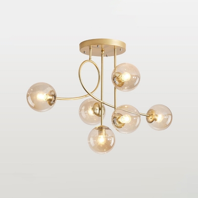 6-Bulb Living Room Ceiling Chandelier Modern Brass Hanging Pendant Light with Sphere Clear Glass Shade