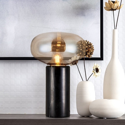Amber Glass Oblong Table Light Modern 1 Bulb Nightstand Lamp with Black Tube Marble Base