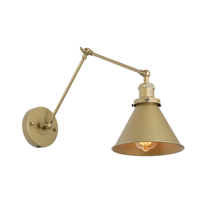 Antiqued Cone Wall Sconce 1 Bulb Metal Swing Arm Wall Light Fixture in Gold with Plug In Cord