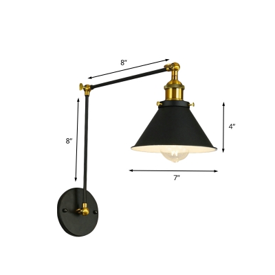 Black 1 Head Wall Light Sconce Antiqued Metallic Swing Arm Wall Mounted Lamp with Cone Shade