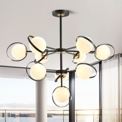 Black 3-Layer Ball Chandelier Lighting Contemporary 10 Heads Frosted White Glass Pendant with Iron Ring