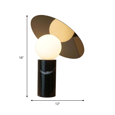 Black Round Table Light Modern 1 Bulb White Glass Small Desk Lamp with Tubular Marble Base