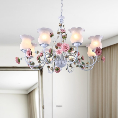 Blossom Bedroom Chandelier Lighting Fixture Pastoral Metal 3/5/6 Lights White Hanging Ceiling Light