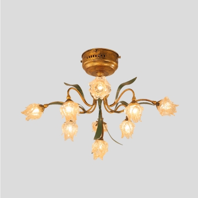 Brass Flower Semi Flush Mount Country Metal 9 Bulbs Living Room LED Close to Ceiling Lamp