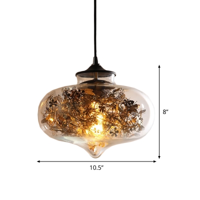 Clear Glass Oval Pendant Light Fixture Simple 1 Bulb Black Shattered Leaves Hanging Ceiling Lamp