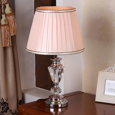 Contemporary 1 Bulb Desk Light White/Pink Tapered Drum Night Table Lamp with Fabric Shade