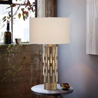 Contemporary 1 Bulb Reading Light White Cylinder Night Table Lamp with Fabric Shade