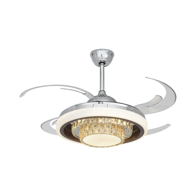 Crystal Silver Semi Flush Mount 2-Layer Modernism 4 Blades LED Hanging Ceiling Fan Light, 42