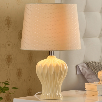 Drum Table Light Modern Fabric 1 Bulb White Nightstand Lamp with Urn-Shaped Ceramic Base
