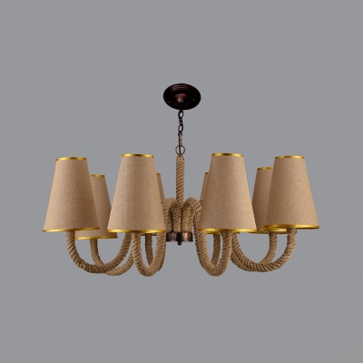 Fabric Cone Hanging Lighting Industrial 3/5/8 Heads Restaurant Pendant Chandelier in Beige with Curved Rope Arm