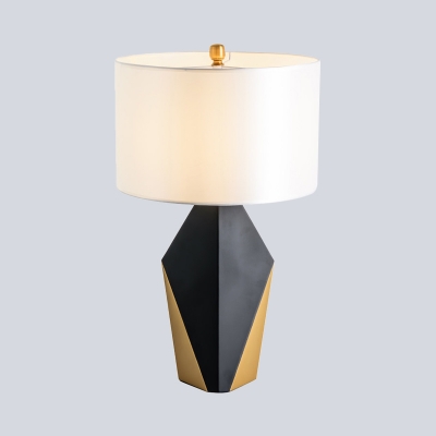 Fabric Drum Task Light Modern 1 Head White Desk Lamp with Geometrical Black Metal Base